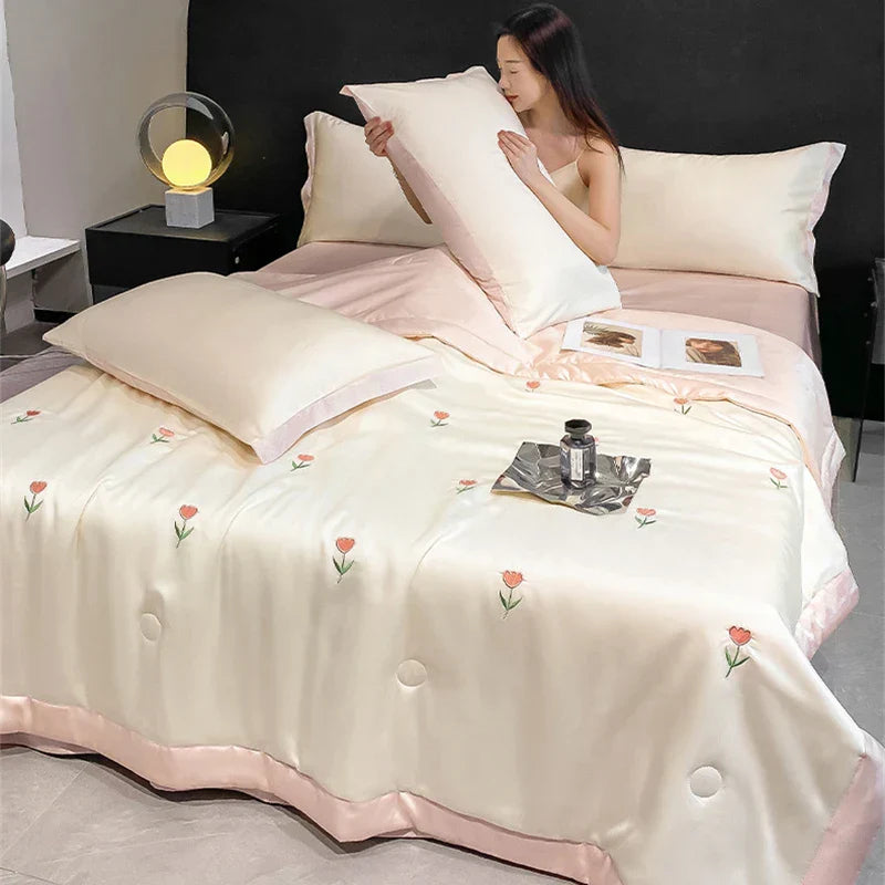 DecorBites™ Bowknot Embroidered Summer Bedding Set - Soft & Skin-friendly Quilt, Duvet, Pillowcases