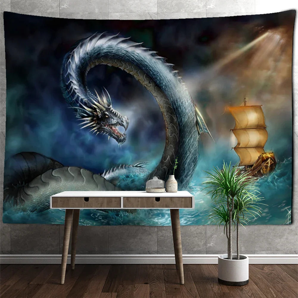 DecorBites™ Golden Dragon Totem Carving Tapestry: Mysterious Psychedelic Wall Hanging