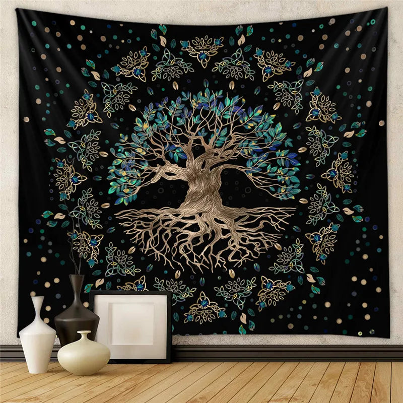 Tapiz de pared DecorBites™ con carta astral, tarot, rueda, sol, luna, árbol y seta.