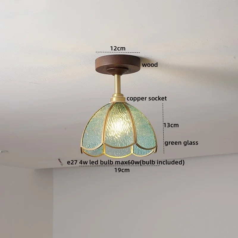 Green Glass Ceiling Lamp Copper Wood Accent