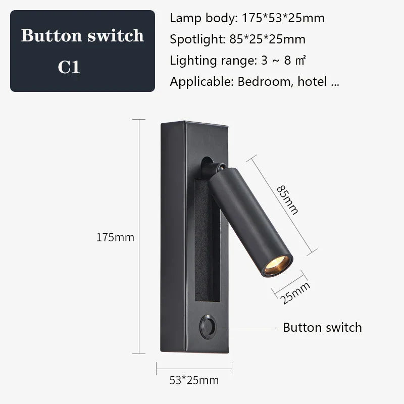 DecorBites™ Black Brass Wall Sconce with USB Port and Switch, 3W Spotlight for Bedroom