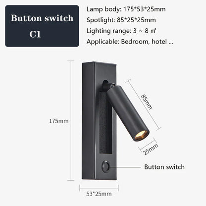 DecorBites™ Black Brass Wall Sconce with USB Port and Switch, 3W Spotlight for Bedroom