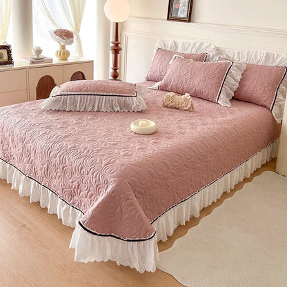 Decobites Princess Style Cotton Quilted Bedspread Set with Lace Edge & Pillowcase