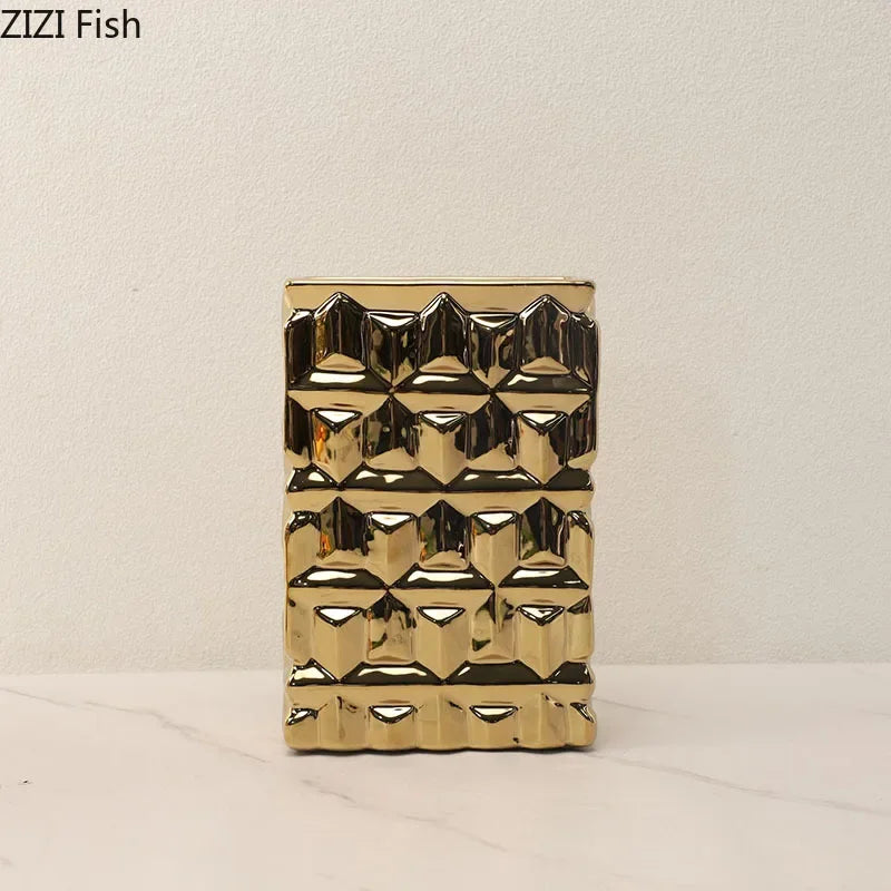 DecorBites™ Golden Square Ceramic Vase with Artificial Flowers for Room Aesthetic Decor