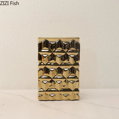 DecorBites™ Golden Square Ceramic Vase with Artificial Flowers for Room Aesthetic Decor