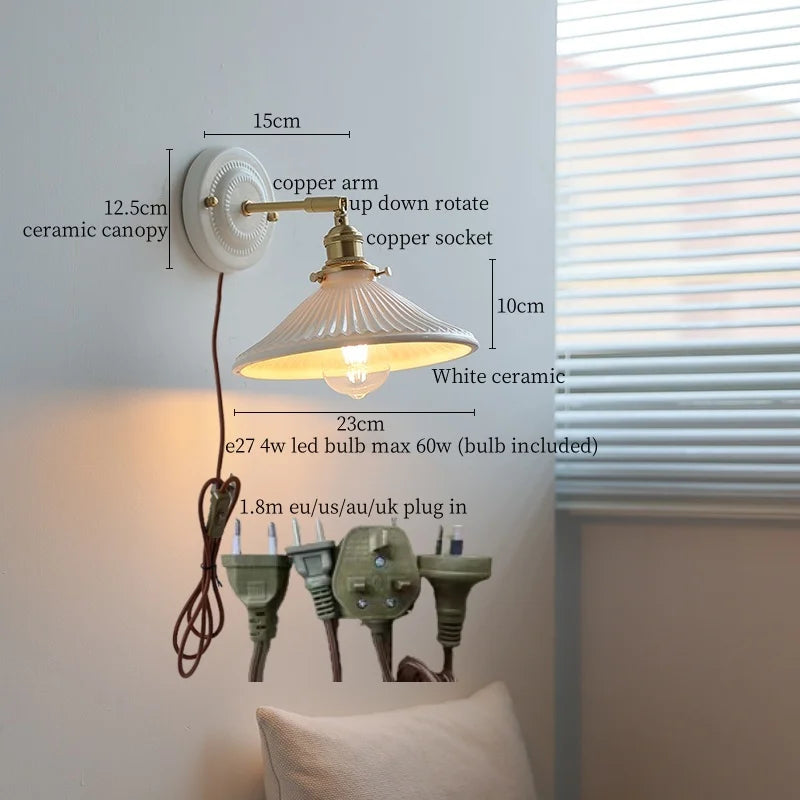 مصباح حائط LED من السيراميك النحاسي DecorBites™ مع مفتاح سلسلة سحب لغرفة المعيشة على الدرج