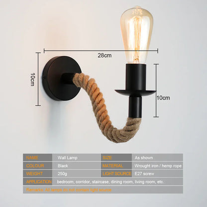 DecorBites™ Hemp Rope Wall Lamp E27 Indoor Outdoor Loft Industrial Sconce Bedside Lamp