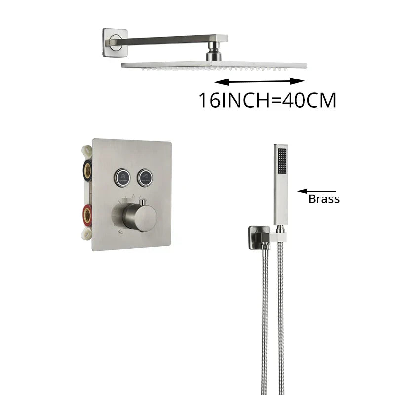 DecorBites™ Brushed Nickel Thermostatic Shower Faucet Set for Wall Mount Bathroom with Rainfall Shower Head