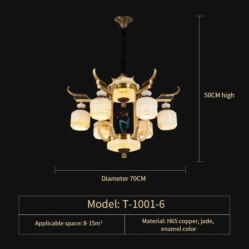 ثريا ديكوربايتس™ المصنوعة من النحاس بالكامل من اليشم لغرفة المعيشة أو غرفة الطعام في الفيلا - مصباح نحاسي مزدوج على الطراز الصيني