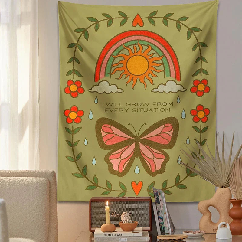 Decobites Retro Rainbow Butterfly Botanical Flower Wall Hanging Tapestry Home Decor