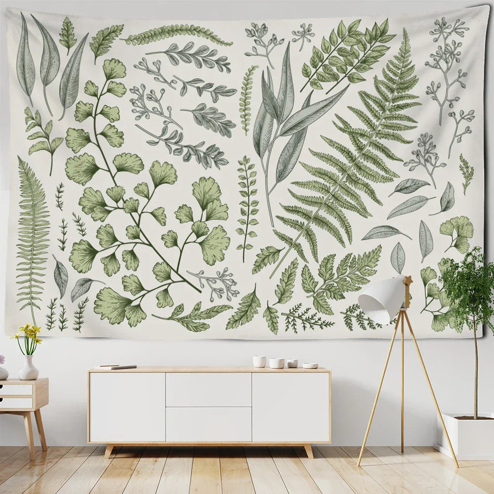 Decobites Botanical Tapestry Wall Hanging Fern Leaves Boho Nature Aesthetic Room Decor