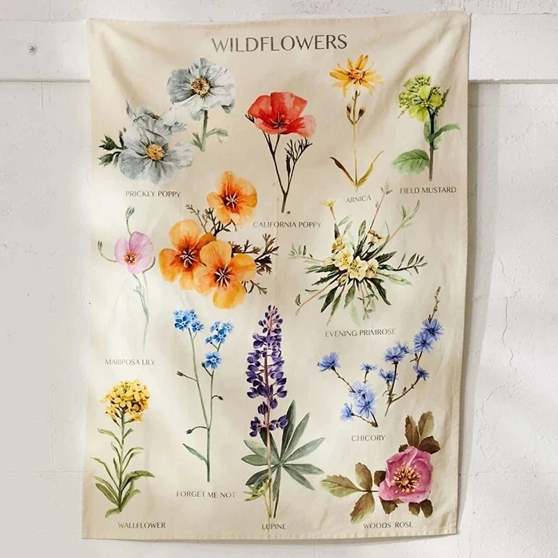 Decobites Wildflower Tapestry Wall Hanging Flower Reference Chart Hippie Bohemian Tapestries