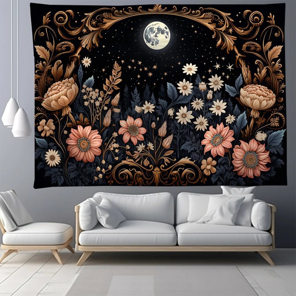 Decobites Moon Phase Nordic Flower Wall Hanging Tapestry