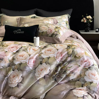 Decobites Luxury Floral Bedding Set with Lyocell Cotton Duvet Cover, Sheet, and Pillowcases