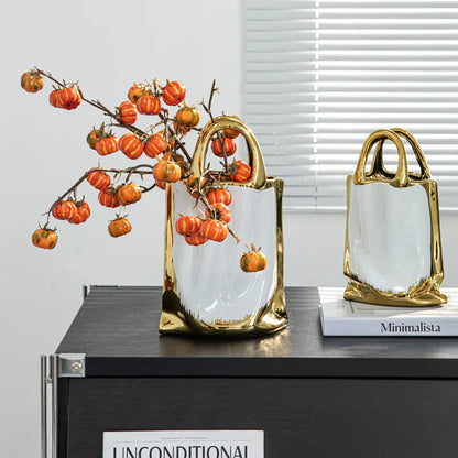 DecorBites™ Gold Handbag Vase: Creative Ceramic Floral Arrangement Terrarium Home Decor