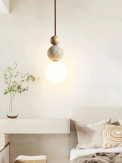 Lámpara colgante LED DecorBites™ estilo crema para dormitorio, diseño en madera y piedra