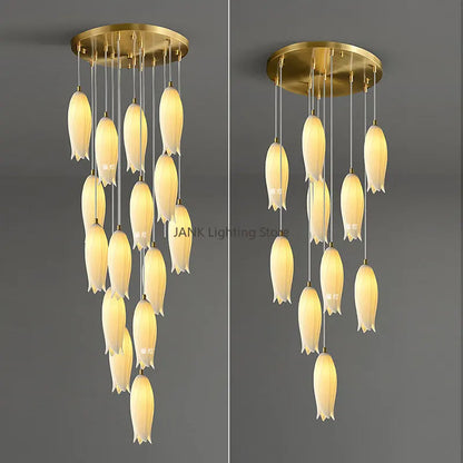 DecorBites™ Elegant Tulip Staircase Chandelier: Luxury Decor Hanging LED Lamp for Lobby, Restaurant, Hotel.