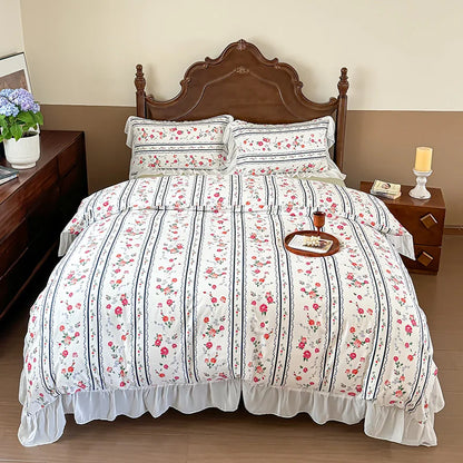 Decobites French Flowers Lace Ruffles Princess Bedding Set with Bed Sheet Pillowcases