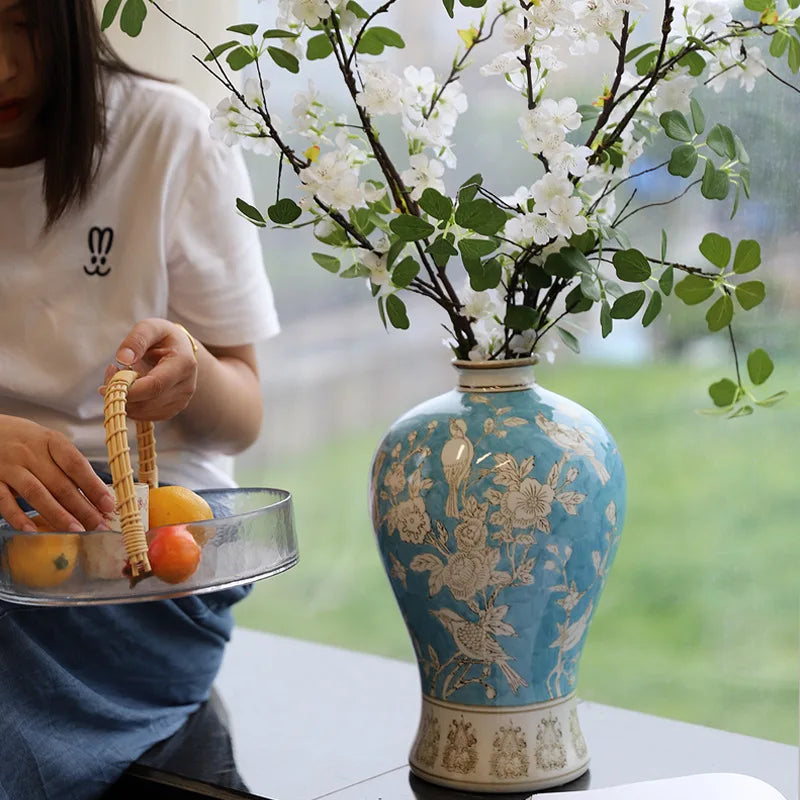 DecorBites™ Blue White Porcelain Vase Retro Floral Arrangement Home Decor Ceramic Handicraft