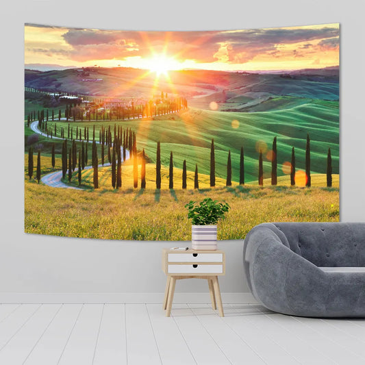 Decobites Scenic Hanging Tapestry: Green Grass Blue Sky Nature Print for Home Decor