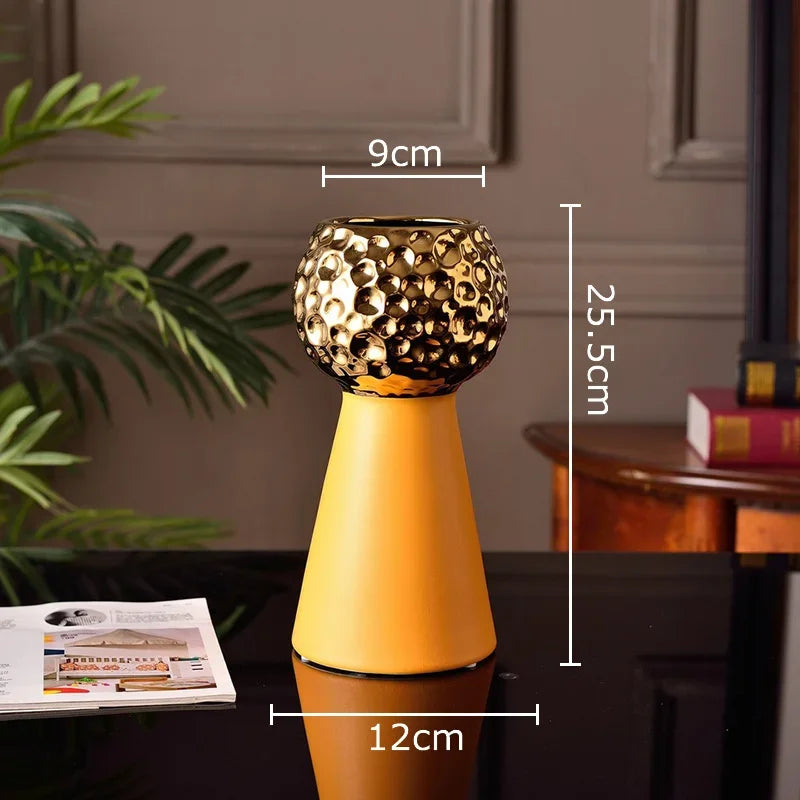 Jarrón de cerámica con patrón de martillo dorado Decorbites™: Maceta creativa para decoración de mesa y arreglo floral