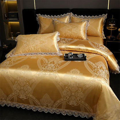 Decobites Golden Jacquard Cotton Lace Bedding Set - Silky Soft Duvet Cover, Flat Sheet, Pillowcase