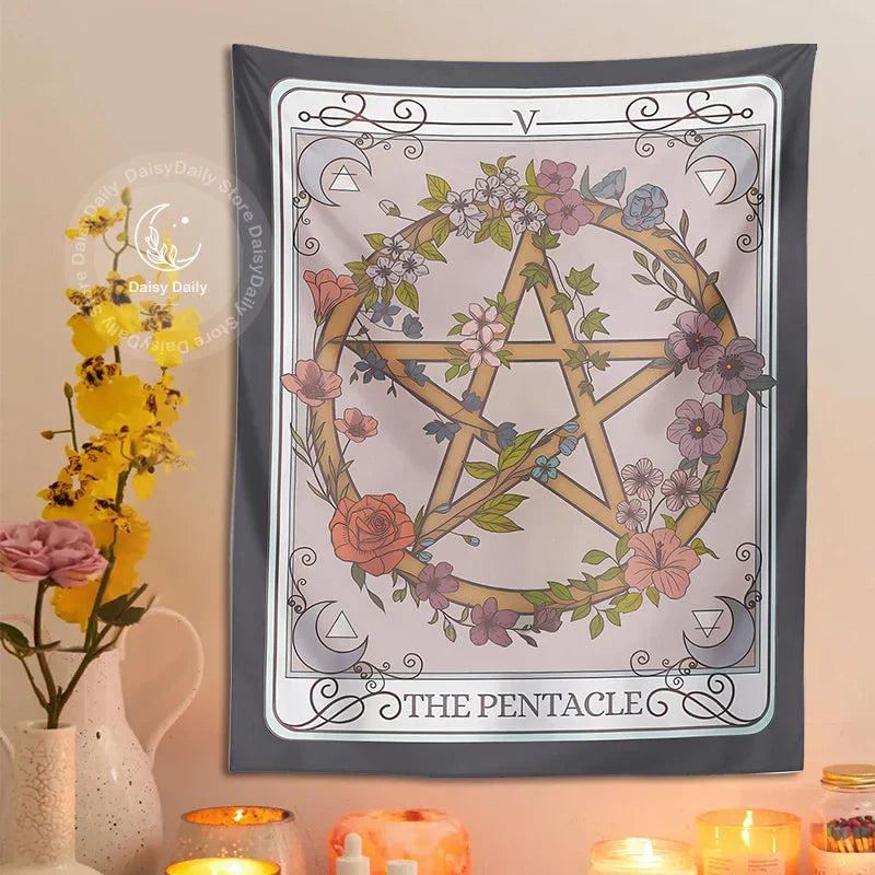 Decobites Pentacle Tarot Tapestry: Witchy Forestcore Botanical Magic for Home Decor