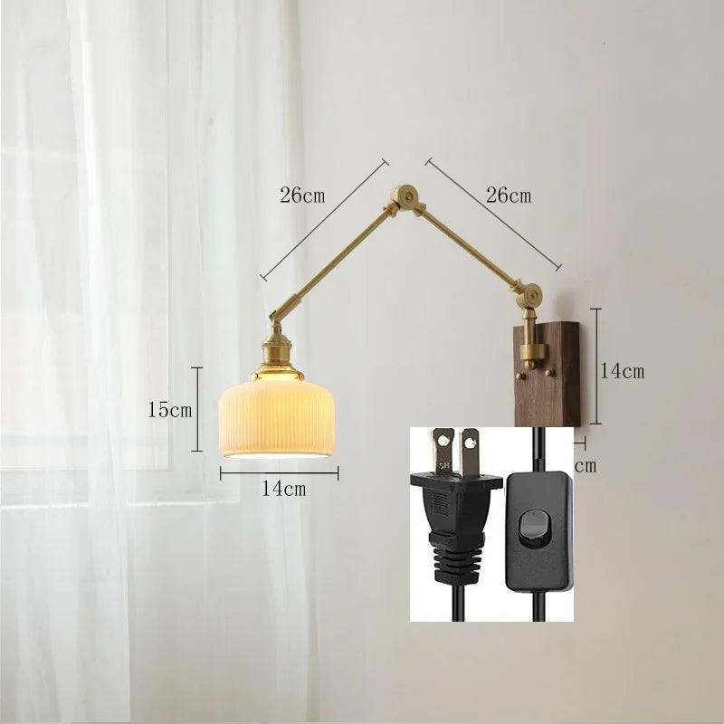 مصباح حائط نحاسي من DecorBites™ مع مفتاح سلسلة سحب، تصميم نورديك، لمبة LED، عاكس ضوء سيراميكي