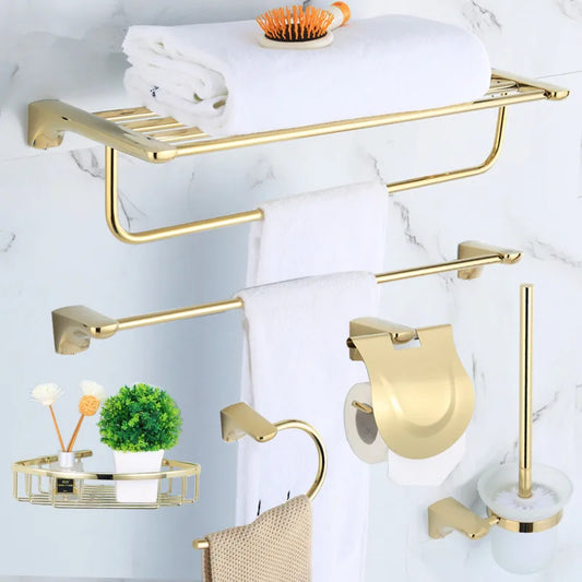 DecorBites™ Gold Bathroom Hardware Set: Towel Rack, Shelf, Paper Holder, Towel Holder, Toilet Brush Holder