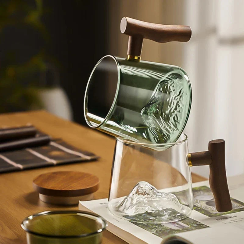 DecorBites™ Glass Tea Cup Set with Wood Handle: High Quality & Heat Resistant Puer Cups