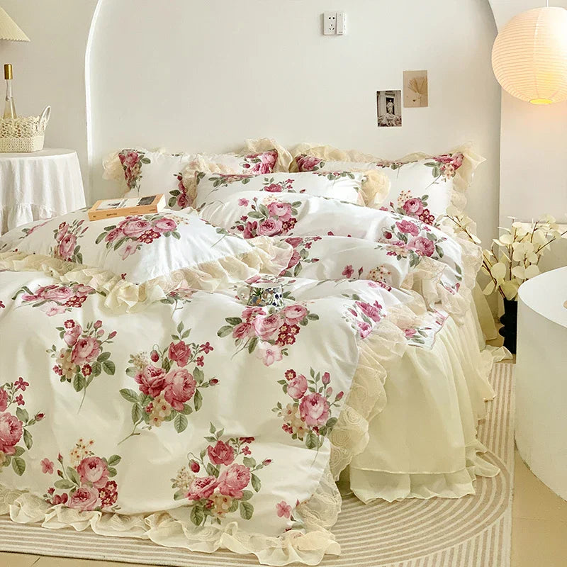 Decobites Vintage Rose Floral Double Layer Lace Ruffles 100% Cotton Bedding Set