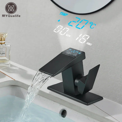 Grifo de lavabo DecorBites™ de latón con efecto cascada y pantalla de temperatura