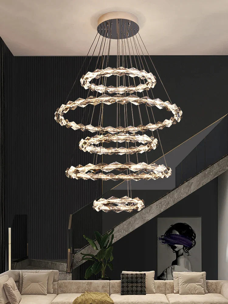 DecorBites™ Crystal Chandelier: Modern Luxury Duplex Staircase Ring Lamp
