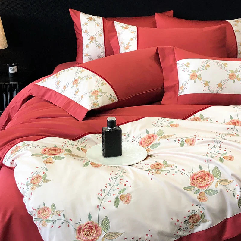 Decobites Luxury Rose Flowers Embroidery Bedding Set in Red