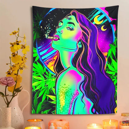 Decobites Moon Girl Smoke Tapestry: Psychedelic Hippie Trippy Leaves Aesthetics & Home Decor