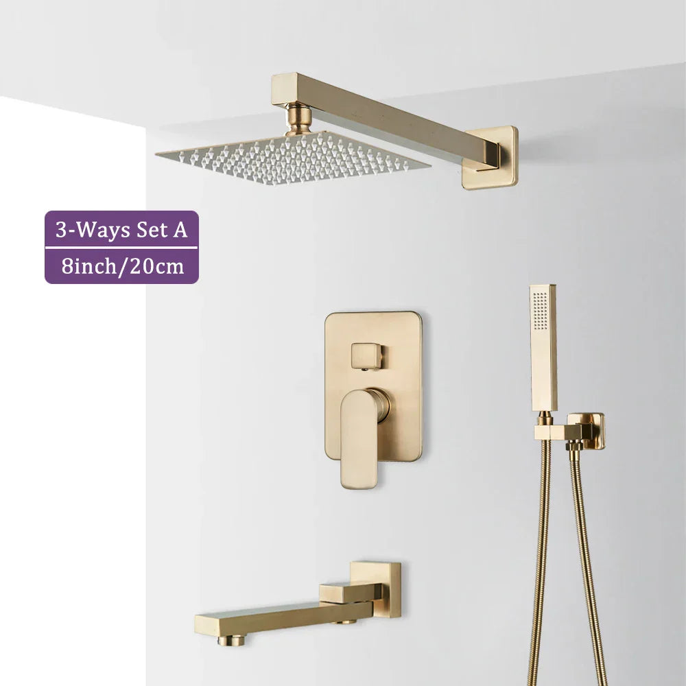 DecorBites™ Brushed Gold Shower Faucet Set 2/3 Way Rainfall Bathtub Mixer Wall Mounted Box