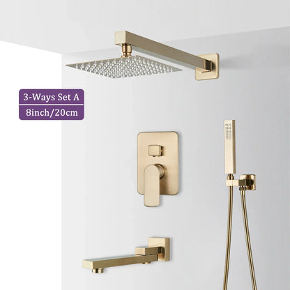 DecorBites™ Brushed Gold Shower Faucet Set 2/3 Way Rainfall Bathtub Mixer Wall Mounted Box