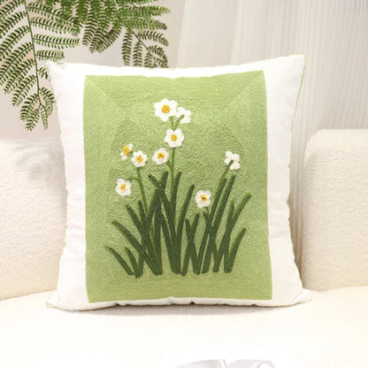 DecorBites™ Green Embroidered Cotton Cushion Cover, Rustic Throw Pillowcase for Living Room Sofa