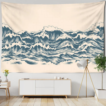 Decobites Minimalist Cartoon Wave Tapestry Wall Hanging for Bedroom Living Room