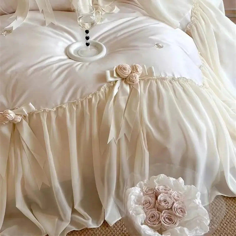 Decobites Romantic Rose Lace Ruffles Princess Wedding Bedding Set - 1200TC Egyptian Cotton