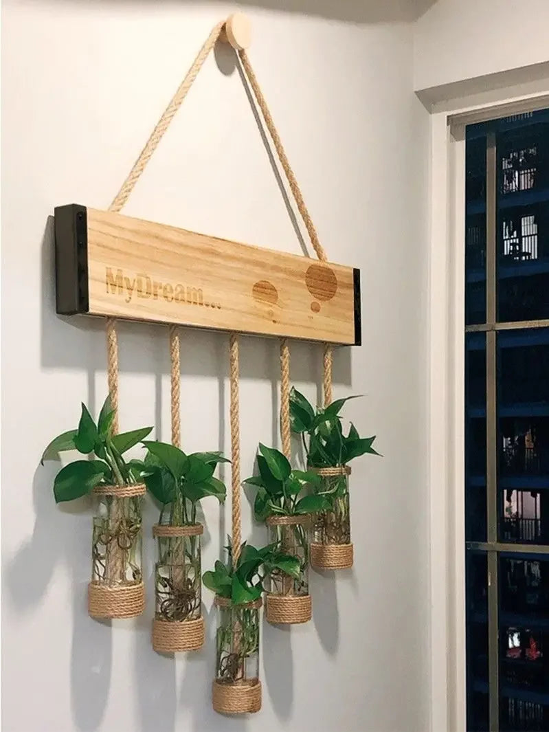 DecorBites™ Glass Planter Vase with Wooden Stand for Wall Hanging Display