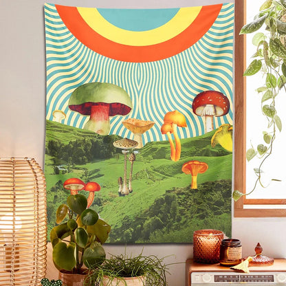 Psychedelic Mushroom Mountain Tapestry by Decobites - Hippie Bohemian Wall Decor