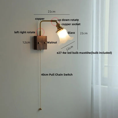 DecorBites™ Brass Walnut Wood LED Wall Sconce with Pull Chain Switch & Flower Glass