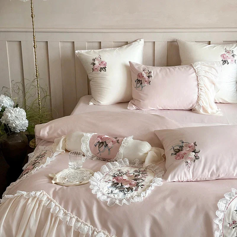 Decobites Pink Flowers Lace Ruffles Wedding Bedding Set 1000TC Egyptian Cotton Décor