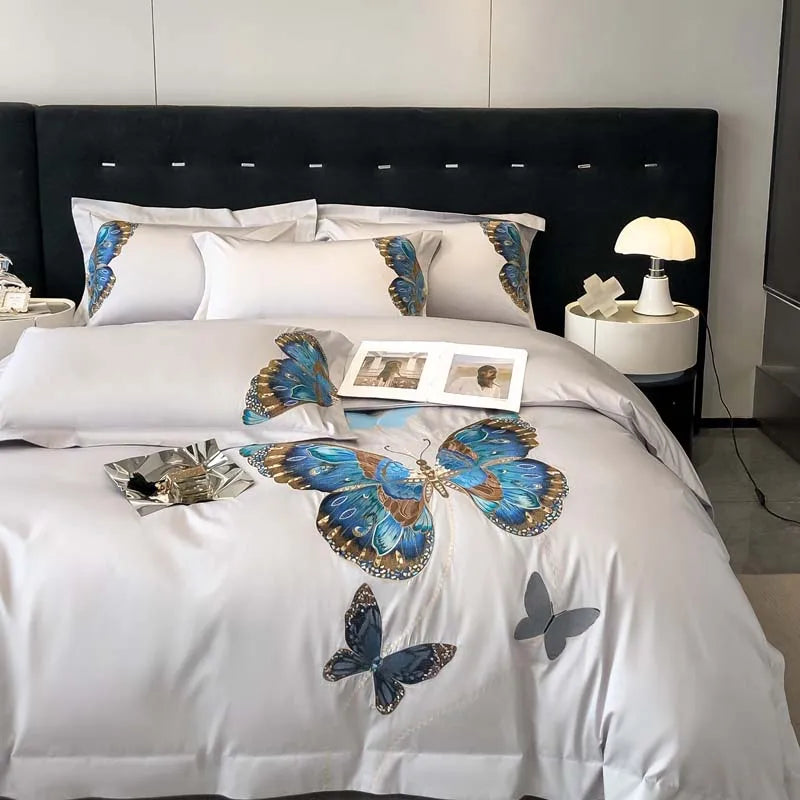 DecorBites™ Butterfly Embroidery Bedding Set: King/Queen/Ru Size Bed Linens, Sheet, Pillowcase, Comforter Cover