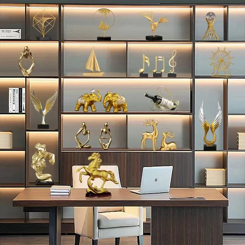 Estatua abstracta de resina dorada, hecha a mano, para decoración de sala de estar o escritorio de oficina - DecorBites™