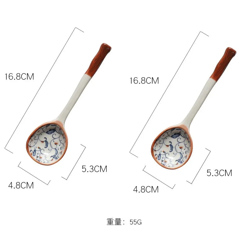 DecorBites™ Japanese Vine Ceramic Spoon Set - Ins Wind Hand-painted Long Handle Dessert Spoons