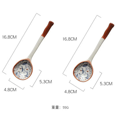 DecorBites™ Japanese Vine Ceramic Spoon Set - Ins Wind Hand-painted Long Handle Dessert Spoons
