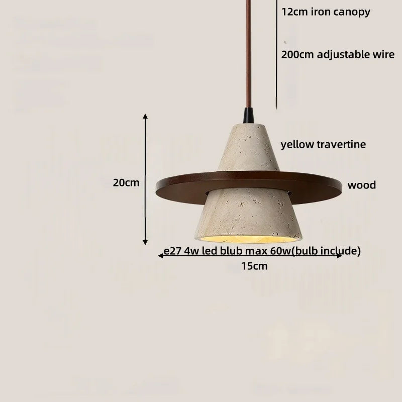 DecorBites™ LED Pendant Lamp Yellow Travertine Stone Wood Nordic Modern Hanging Light