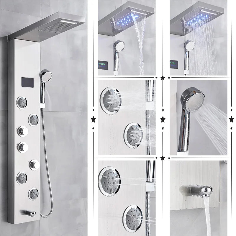 DecorBites™ LED Rainfall Shower Panel System with Temperature Screen & Massage SPA